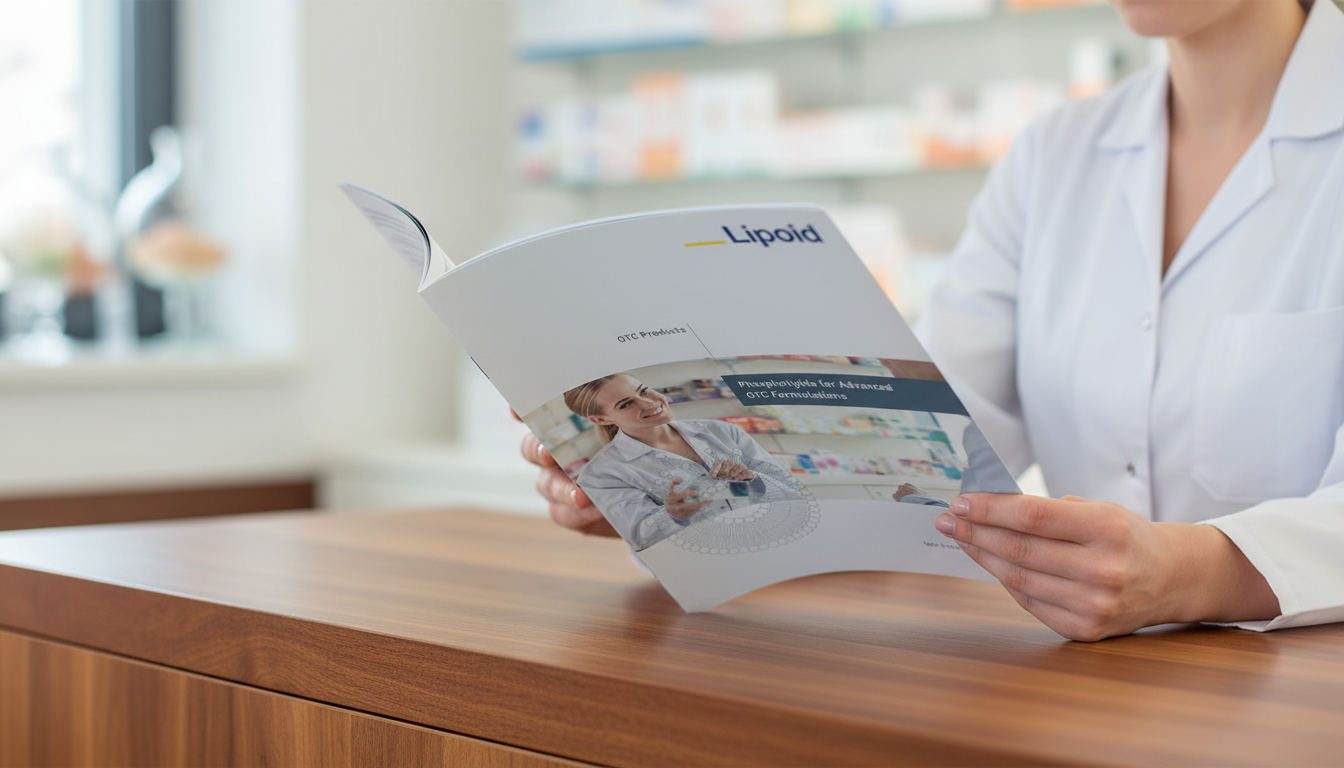 Profissional de jaleco branco folheando o folder OTC Products da Lipoid sobre um balcão de farmácia.