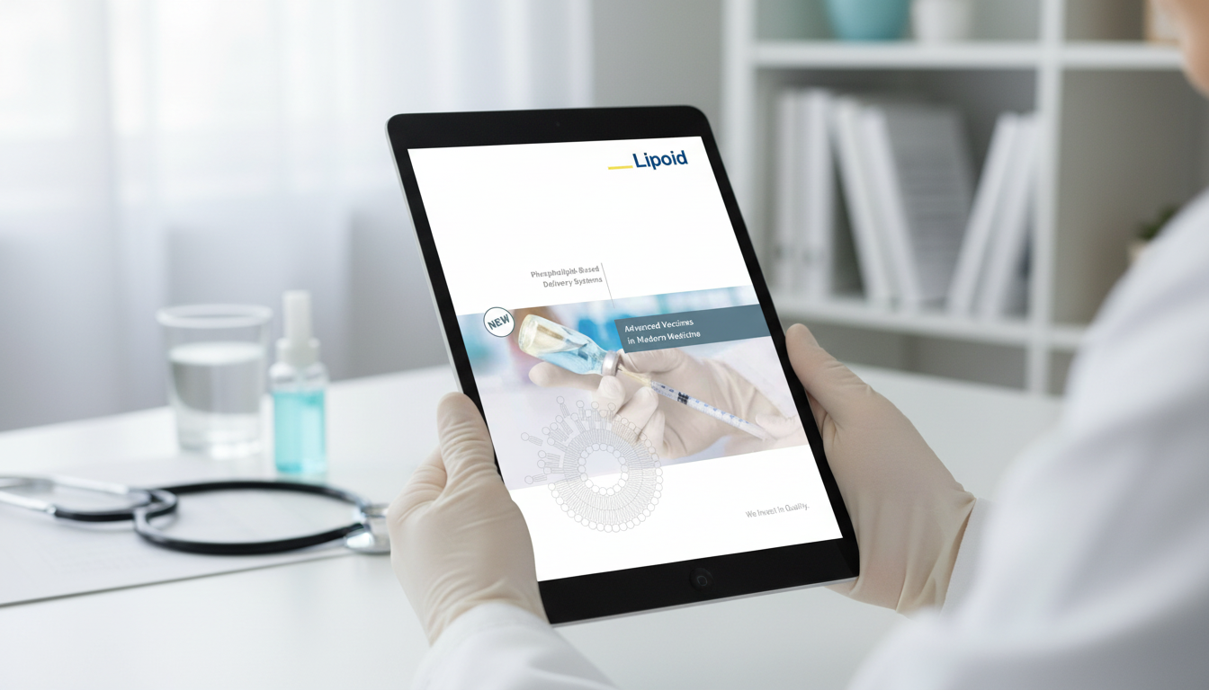 Profissional de saúde segurando tablet com a capa do folder Advanced Vaccines in Modern Medicine, da Lipoid.