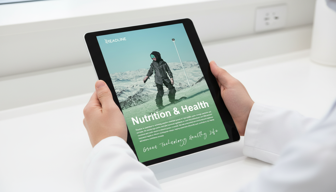 Tablet exibindo a capa do portfólio Nutrition & Health da Readline, segurado por profissional de jaleco branco.