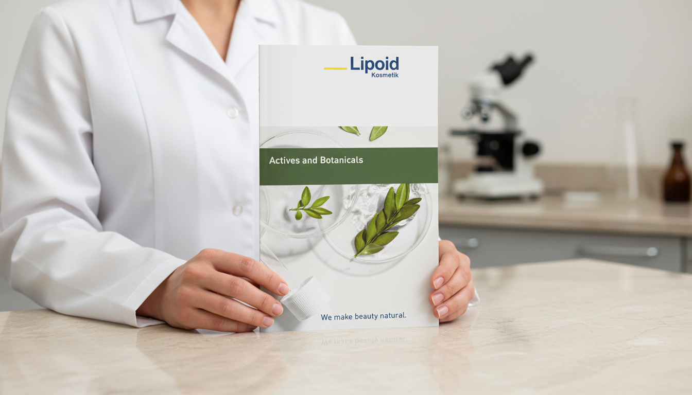 Profissional de jaleco branco segurando o catálogo Actives and Botanicals da Lipoid Kosmetik em bancada de laboratório.
